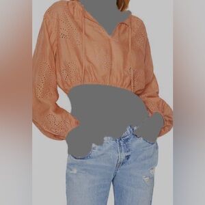 Frame Women's Orange Eyelet Cropped Round Neck Tie Blouse Top Size S/P